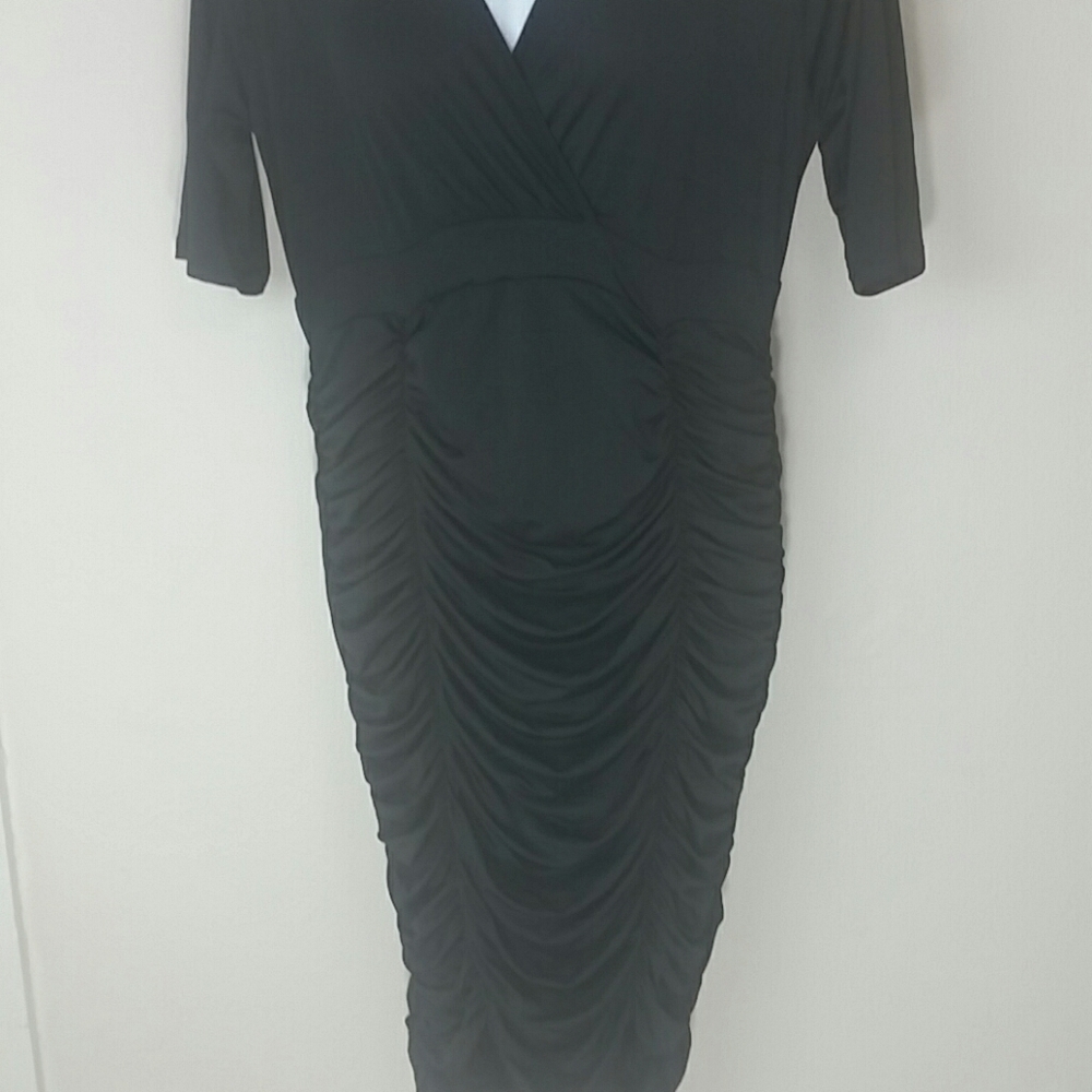 🖤 Classic Black Ruched Midi Dress Elbow Sleeve Size 1X Stretch Cocktail Formal - Picture 5 of 7